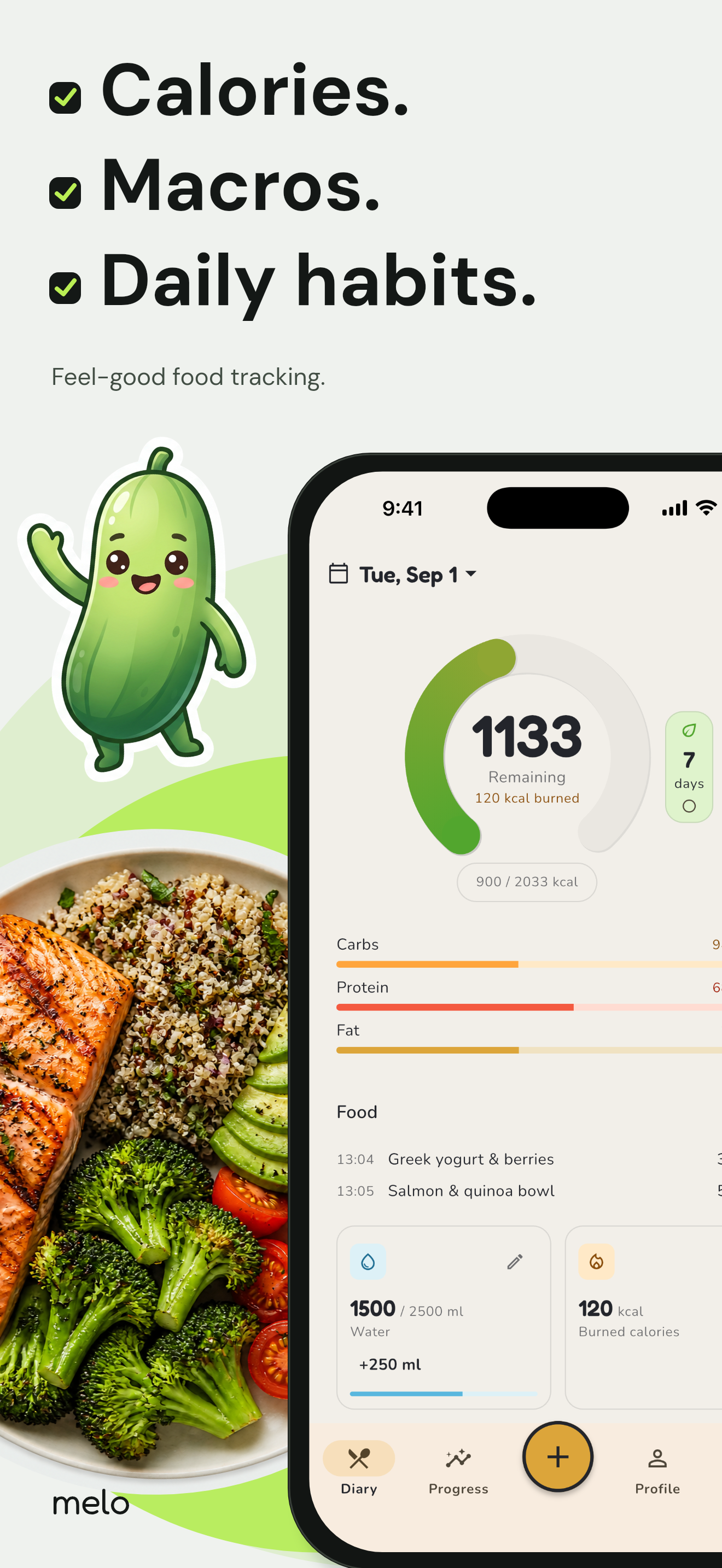 Melo food diary with daily calories and meals